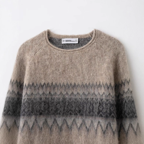 Women Vintage Geometric Jacquard Knit Sweater Casual Crew Neck Long Sleeve Pullover Soft Warm Khaki Beige Jumper Top