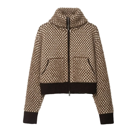 Giacca in Maglia Casual da Donna con Cerniera Marrone Beige Fantasia a Scacchi Collo Rialzato Manica Lunga Tasche Capispalla Larghi