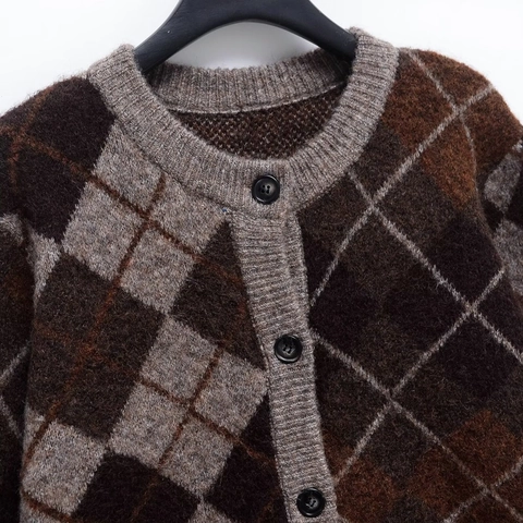 Vintage Argyle Knit Cardigan Women Round Neck Single Breasted Long Sleeve Sweater Jacket Ribbed Trim Casual Retro Top