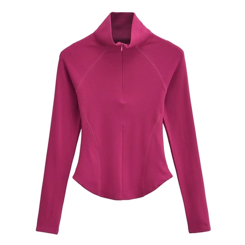 Women's Half High Neck Slim Fit Athletic T-Shirt Long Sleeve Half Zipper Yoga Top Rayon Spandex Solid Casual Sport Shirt