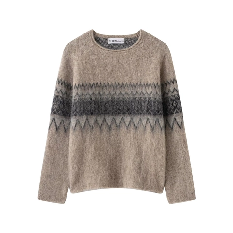 Women Vintage Geometric Jacquard Knit Sweater Casual Crew Neck Long Sleeve Pullover Soft Warm Khaki Beige Jumper Top