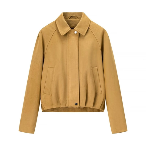 Damen Casual Polyester Kunstwildleder Jacke Hemdkragen Langarm Einreihig Locker Tasche Mantel Oberbekleidung
