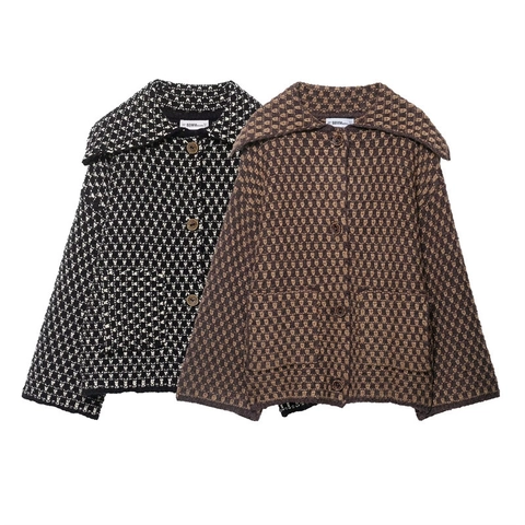 Veste Cardigan en Tricot Vintage pour Femme Grand Revers Motif Jacquard Géométrique Manteau Pull à Manches Longues