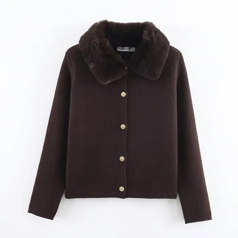 Women Faux Fur Collar Knit Cardigan Sweater Jacket Gold Buttons Button Down Long Sleeve Casual Solid Winter Outerwear Top