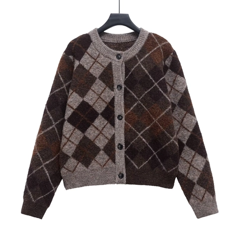 Women Vintage Argyle Knit Cardigan Sweater Round Neck Long Sleeve Button Up Fuzzy Plaid Knitted Top Outerwear