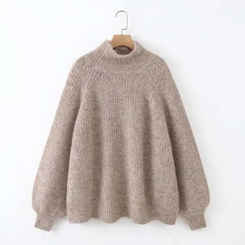 Pull en Tricot Ample pour Femmes Imitation Cachemire Doux Col Montant Manches Raglan Pullover Oversize Tricots Couleur Avoine Automne Hiver