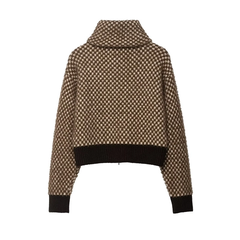 Giacca in Maglia Casual da Donna con Cerniera Marrone Beige Fantasia a Scacchi Collo Rialzato Manica Lunga Tasche Capispalla Larghi