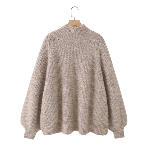 Pull en Tricot Ample pour Femmes Imitation Cachemire Doux Col Montant Manches Raglan Pullover Oversize Tricots Couleur Avoine Automne Hiver