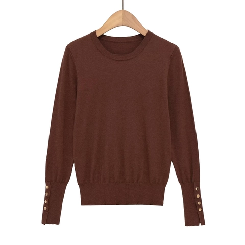 Women's Casual Round Neck Knit Sweater Long Sleeve Pullover With Gold Buttons Details On Cuffs Streetwear Fashion Top