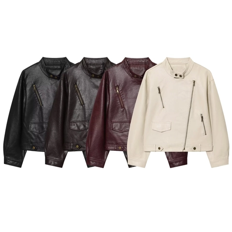 Dames Casual PU Kunstleer Bikerjas Opstaande Kraag Asymmetrische Rits Gekorte Motorjas Punk Jas