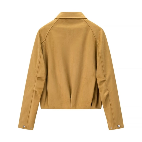 Damen Casual Polyester Kunstwildleder Jacke Hemdkragen Langarm Einreihig Locker Tasche Mantel Oberbekleidung
