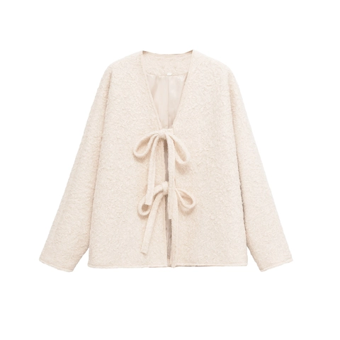 Chaqueta de Lana Sintética con Cuello en V y Lazada para Mujer Elegante Abrigo de Peluche Suelto Manga Larga Color Sólido Cálido Otoño Invierno