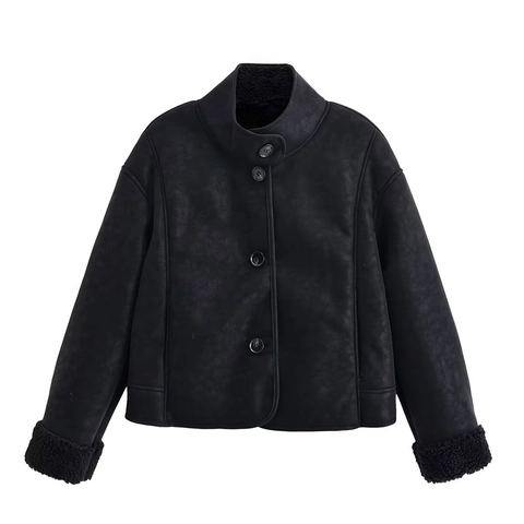 Women Vintage Faux Suede Shearling Jacket Stand Collar Single Breasted Contrast Piping Loose Casual Autumn Winter Coat