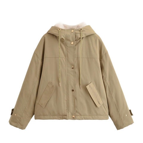 Giacca Imbottita con Cappuccio da Donna Khaki a Maniche Lunghe con Cerniera Parka con Cappuccio in Ecopelliccia Streetwear Casual