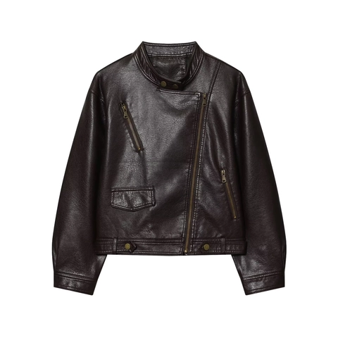 Dames Casual PU Kunstleer Bikerjas Opstaande Kraag Asymmetrische Rits Gekorte Motorjas Punk Jas