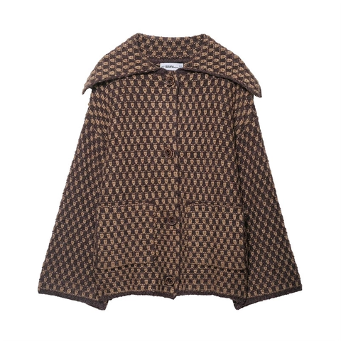Veste Cardigan en Tricot Vintage pour Femme Grand Revers Motif Jacquard Géométrique Manteau Pull à Manches Longues
