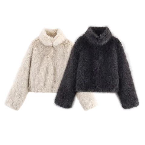 Giacca da Donna in Ecopelliccia Collo in Piedi Manica Lunga Tinta Unita Cappotto Invernale Caldo Vestibilità Regolare Beige Grigio Scuro