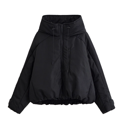 Women Casual Black Hooded Puffer Jacket Drawstring Hem Long Sleeve Zip Up Padded Winter Cotton Coat Streetwear Outerwear