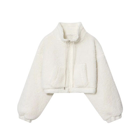 Women's Casual Fleece Jacket Stand Collar Zipper Short Baseball Outerwear Solid White Lamb Wool Coat With Drawstring