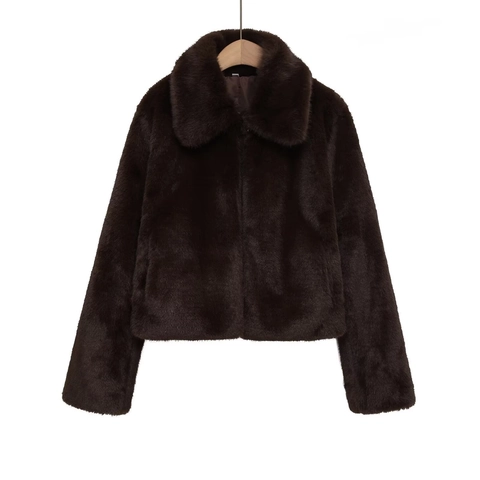 Women Casual Faux Fur Jacket Thick Warm Solid Dark Brown Lapel Long Sleeve Zipper Coat Outwear Street Style For Winter
