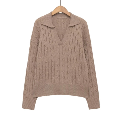 Women Cable Knit Sweater Oversized V-Neck Lapel Long Sleeve Pullover Autumn Winter Casual Minimalist Knitted Top