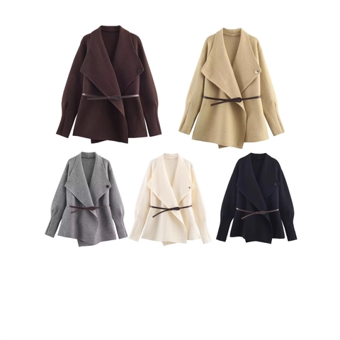 Women Belted Knitted Cardigan Oversized Lapel Long Sleeve Solid Color Sweater Coat Autumn Winter Warm Casual Outerwear