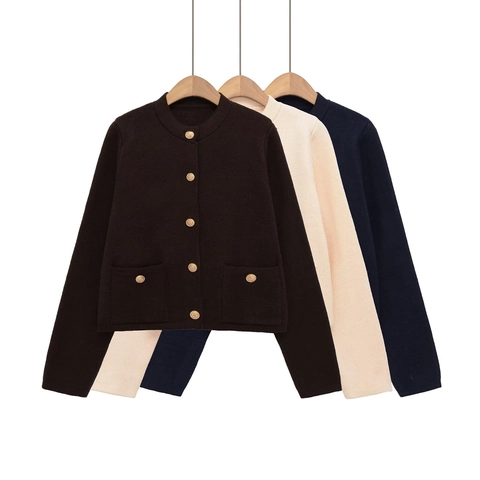Damen Elegant Rundhalsausschnitt Strickjacke Mit Goldenen Knöpfen Langarm Casual Einfarbig Pullover Mantel
