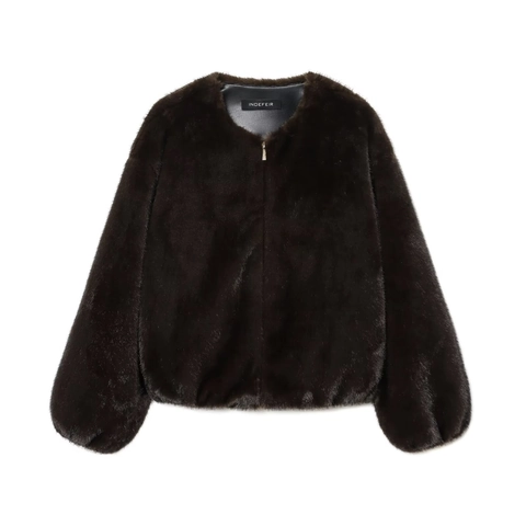 Women Fashion Faux Fur Bomber Jacket Warm Dark Brown Solid Color Round Neck Zip Up Casual Short Outerwear Winter Jacket