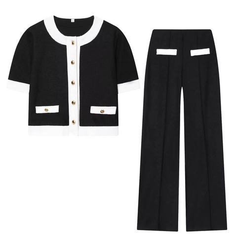 Women Contrast Color Patchwork Short Sleeve Top And Wide Leg Pants Two Piece Set French Elegant Knitted Leisure Suit