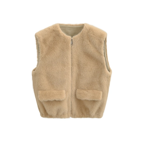 Damen Mode Kunstpelz Weste Rundhals Ärmellos Warm Weste Mit Reißverschluss Vorne Taschen Einfarbig Lässig Weste Jacke