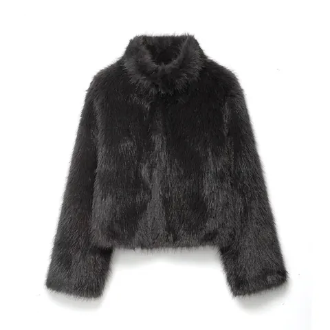 Cappotto da Donna in Pelliccia Sintetica Nera Moda Collo Alto Vestibilità Larga Manica Lunga Giacca Corta Elegante Calda