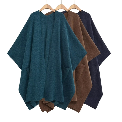 Mantella Poncho in Maglia da Donna Media Lunghezza Tinta Unita Cardigan Aperto Cappotto Con Tasche Capispalla Autunno Inverno per Donna