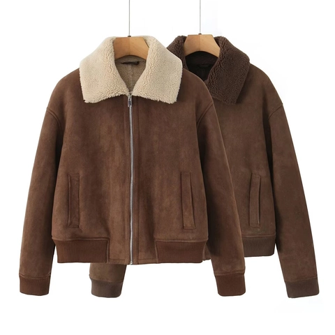 Giacca Aviatore da Donna in Finta Pelle di Montone Revers Scamosciato Cerniera Bomber Cappotto Spesso Caldo Streetwear Manica Lunga