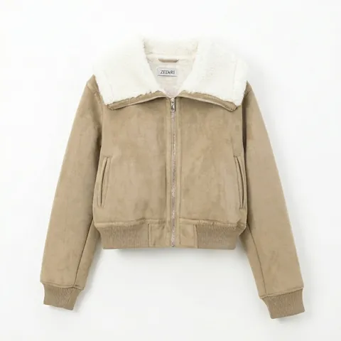 Giacca in Finta Pelle Scamosciata Donna Con Revers in Lana di Agnello Cerniera Caldo Inverno Casual Streetwear Khaki Cappotto