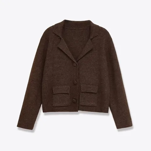 Women Casual Lapel Knitted Cardigan Jacket Solid Coffee Button Front Long Sleeve Sweater Coat With Pockets Vintage Style
