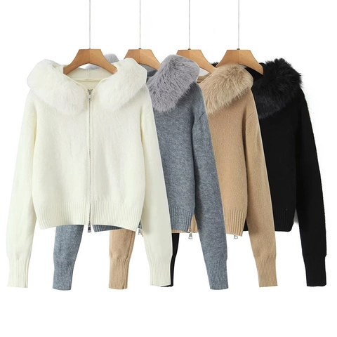 Women Hooded Knit Cardigan With Faux Fur Collar Long Sleeve Zipper Sweater Jacket Casual Autumn Winter Solid Color Top