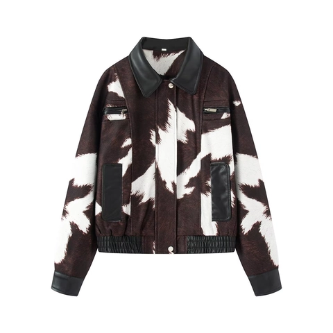 Dames Koemotief Patchwork Synthetisch Leren Jas Vintage Streetwear Neerklapbare Kraag Lange Mouw Rits Bovenkleding