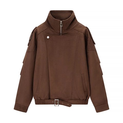 Women Suede Jacket Stand Collar Belted Decoration Loose Zip Up Baseball Uniform Autumn Winter Outwear Solid Color Fashion Coat