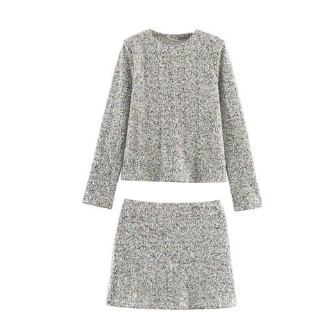 Conjunto de Falda de Lentejuelas para Mujer Top de Manga Larga con Cuello Redondo y Minifalda Textura de Tweed Elegante
