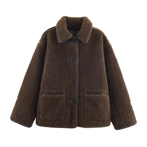 Giacca Reversibile Donna In Finta Pelliccia Di Agnello Marrone Scuro Revers Manica Lunga Tasche Monopetto Cappotto Casual Autunno Inverno