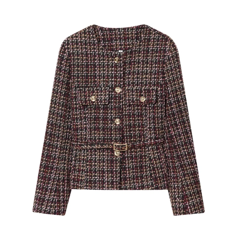 Women Vintage Plaid Tweed Jacket With Belt Elegant Round Neck Long Sleeve Outwear Pink Black White Checkered Button Coat