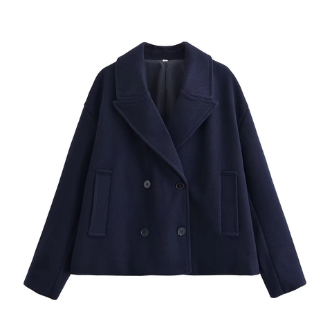 Damen Doppelreihig Revers Wollmischung Kurzer Mantel Elegant Einfarbig Langarm Jacke Mode Damen Stil Oberbekleidung
