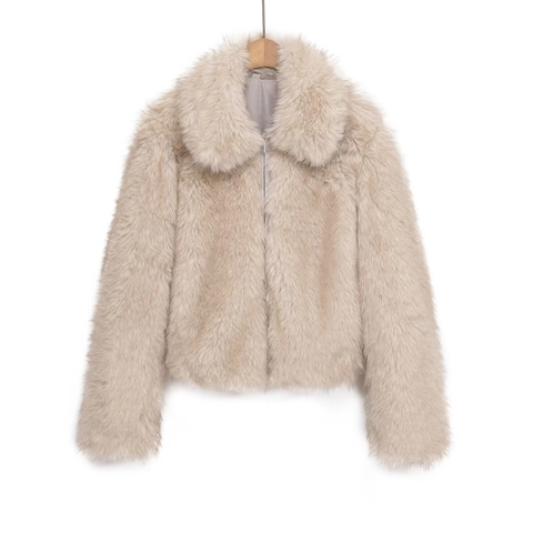 Women Faux Fur Jacket Thick Warm Autumn Winter Lapel Long Sleeve Zip Up Cropped Coat Solid Color Khaki Outwear