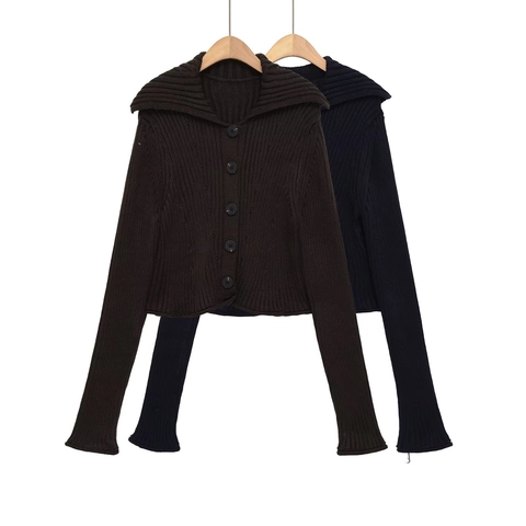 Dames Geribbelde Breisel Vest Grote Revers Enkele Rij Knopen Kort Trui Jasje Effen Kleur Lange Mouwen Casual Top