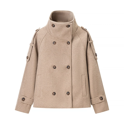 Women Double Breasted Stand Collar Woolen Style Outerwear Fashion Long Sleeve Solid Color Epaulet Pocket Commuter Jacket