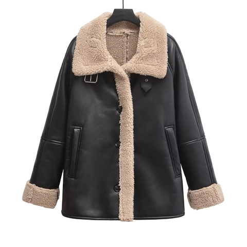 Women's Faux PU Leather Shearling Jacket Lapel Long Sleeve Single Breasted Warm Coat With Pockets Loose Biker Outerwear