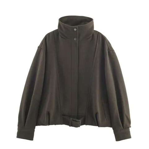 Damen Casual Stehkragen Langarm Einfarbige Köperjacke Mit Schnallensaum Streetstyle Outerwear Kurzer Baseballmantel