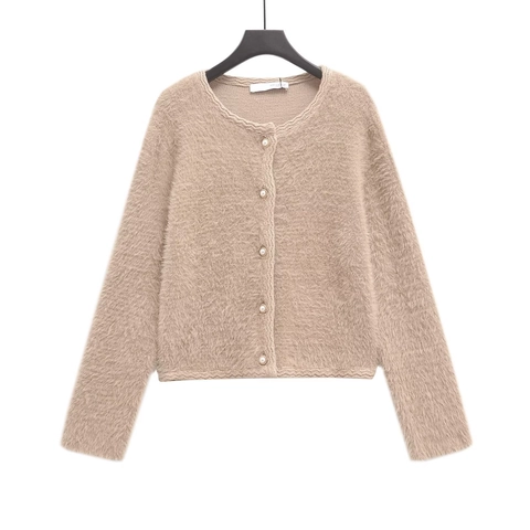 Women Elegant Mink-Like Knit Cardigan Round Neck Long Sleeve Solid Color Single Breasted Artificial Pearl Button Sweater Top Khaki