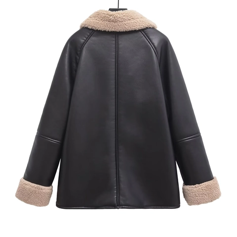 Women's Faux PU Leather Shearling Jacket Lapel Long Sleeve Single Breasted Warm Coat With Pockets Loose Biker Outerwear