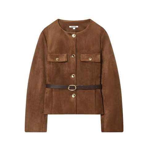 Chaqueta Vintage de Gamuza Artificial para Mujer Con Cinturón Elegante Cuello Redondo Manga Larga Botones Dorados Abrigo Corto